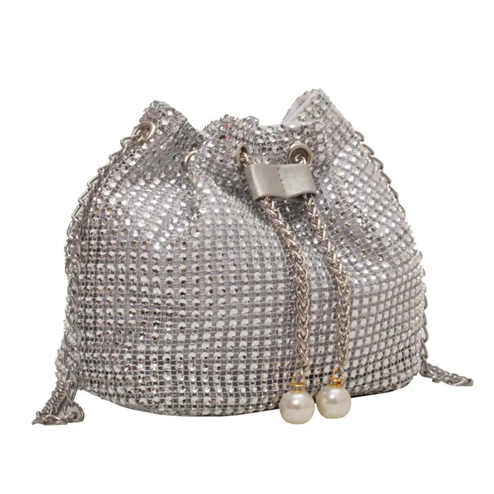 Crystal Bucket Bag — Rhinestone Bucket Bag (Cord & Shoulder Strap)