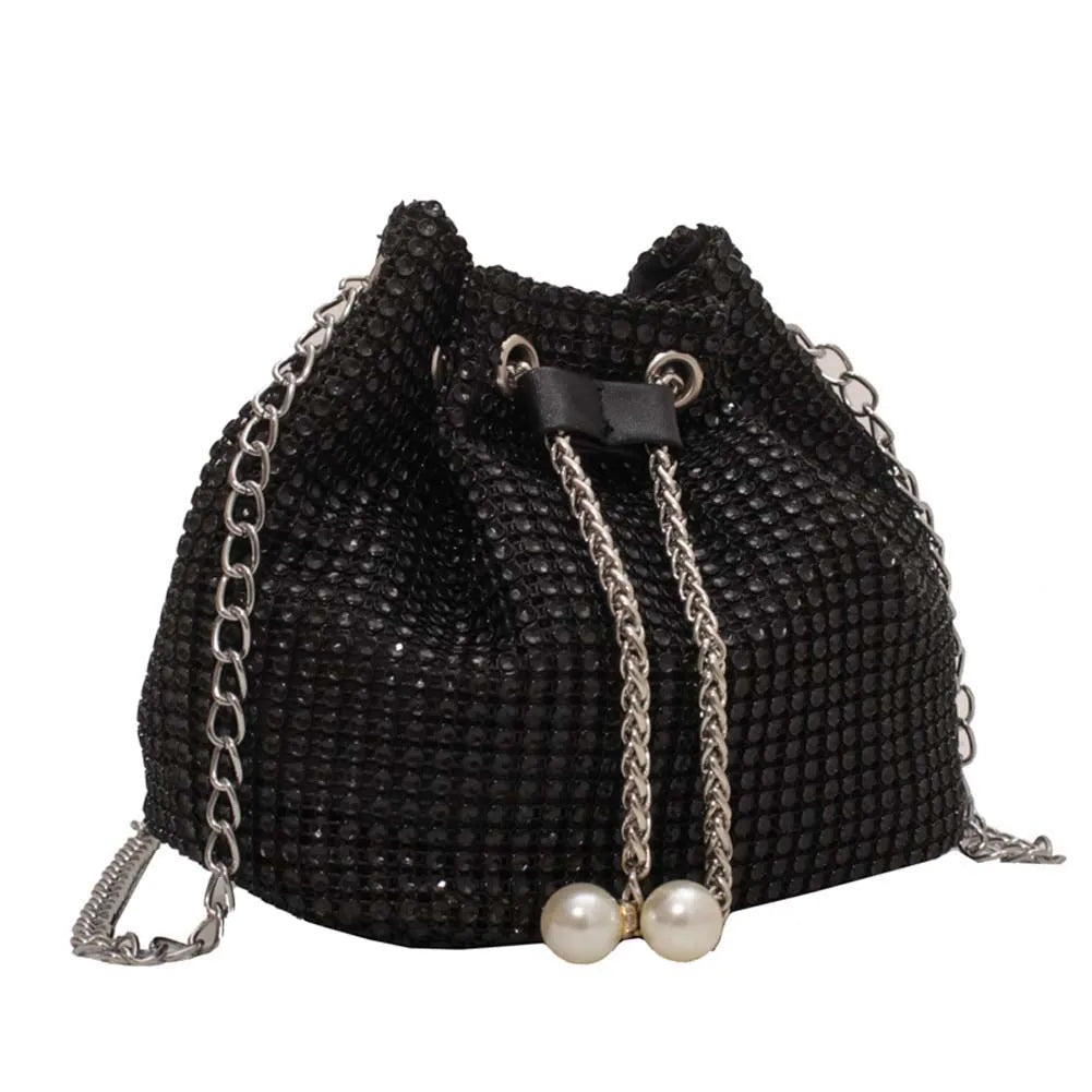 Crystal Bucket Bag — Rhinestone Bucket Bag (Cord & Shoulder Strap)