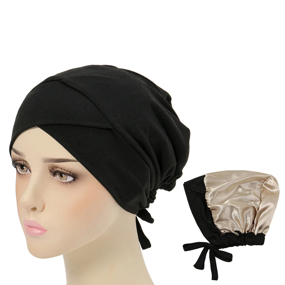 Crossed Forehead Satin Hijab Cap — Adjustable Tie Undercap Bonnet