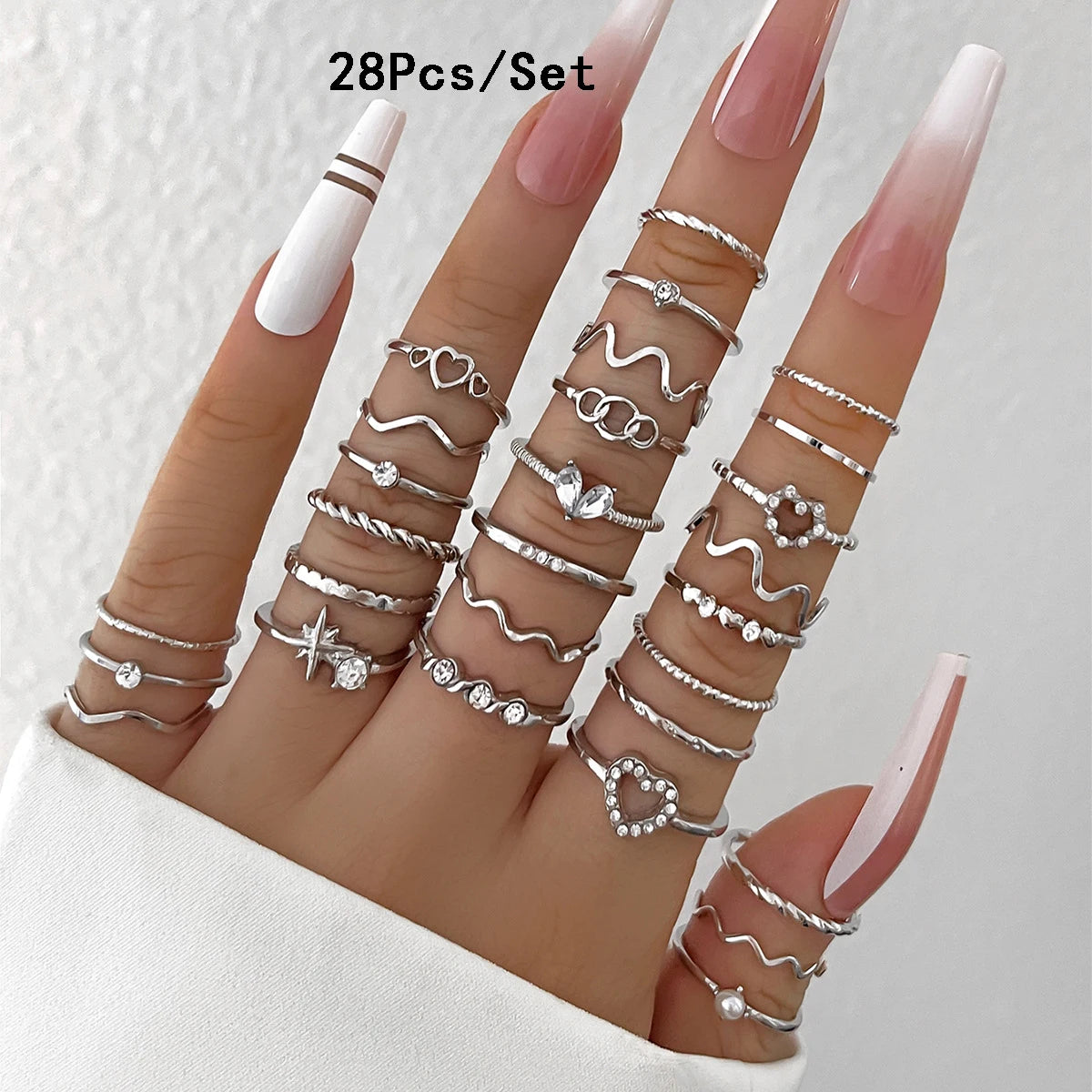 ZAYNA 28-Piece Geometric Knuckle Ring Set — Gold & Silver Crystal Party Jewelry