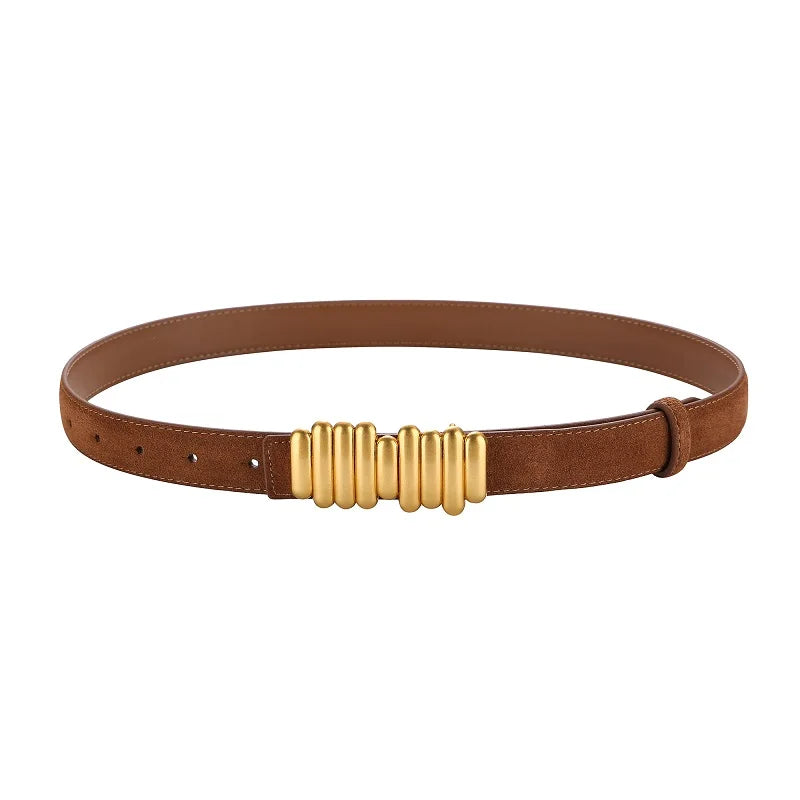 ZAYNA Suede Cowhide Belt — Gold Buckle Elegance