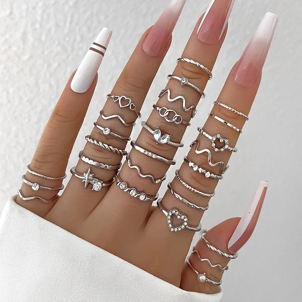 ZAYNA 28-Piece Geometric Knuckle Ring Set — Gold & Silver Crystal Party Jewelry
