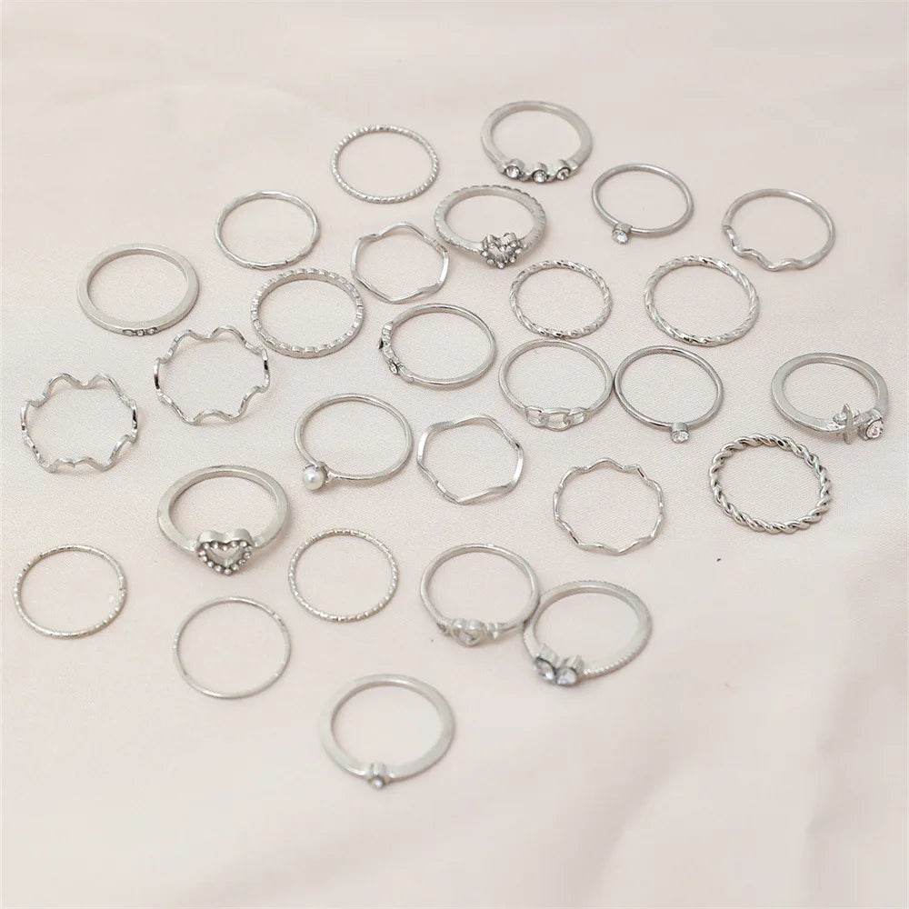 ZAYNA 28-Piece Geometric Knuckle Ring Set — Gold & Silver Crystal Party Jewelry
