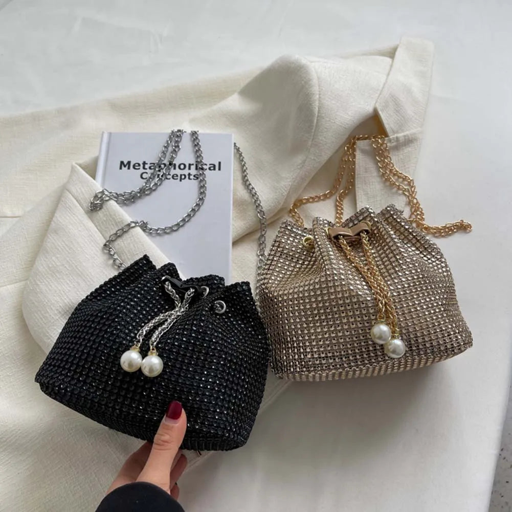 Crystal Bucket Bag — Rhinestone Bucket Bag (Cord & Shoulder Strap)
