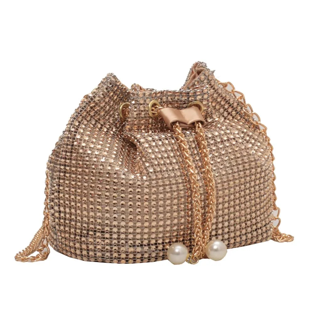 Crystal Bucket Bag — Rhinestone Bucket Bag (Cord & Shoulder Strap)