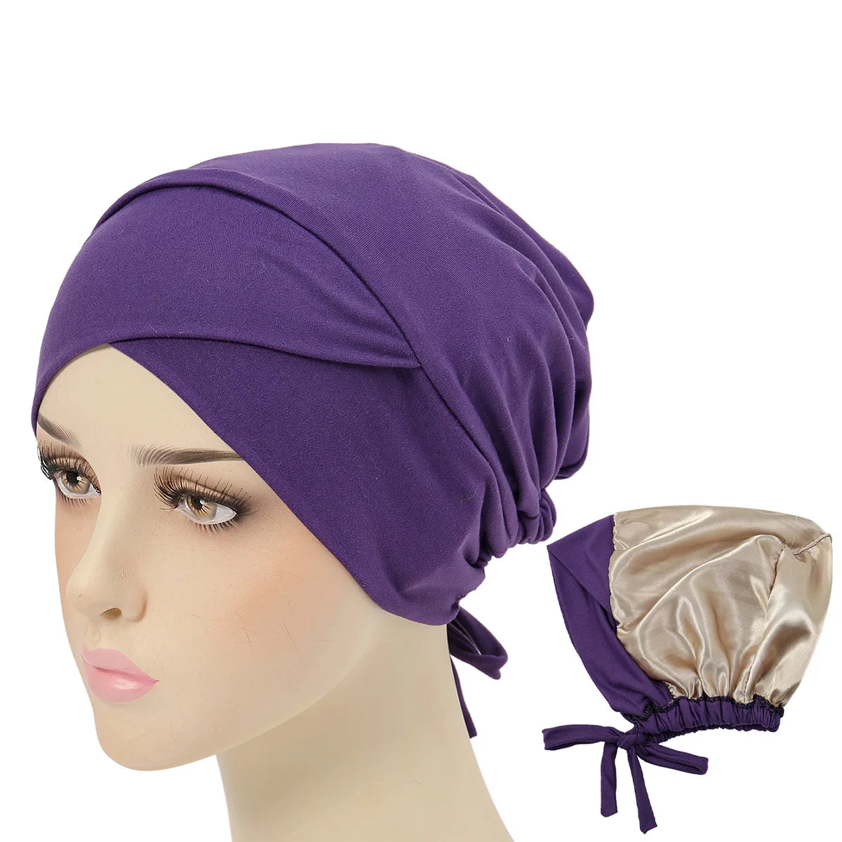 Crossed Forehead Satin Hijab Cap — Adjustable Tie Undercap Bonnet