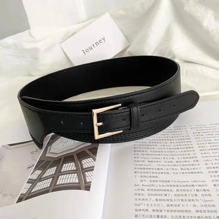 ZAYNA Wide PU Leather Belt — Gold Buckle Elegance