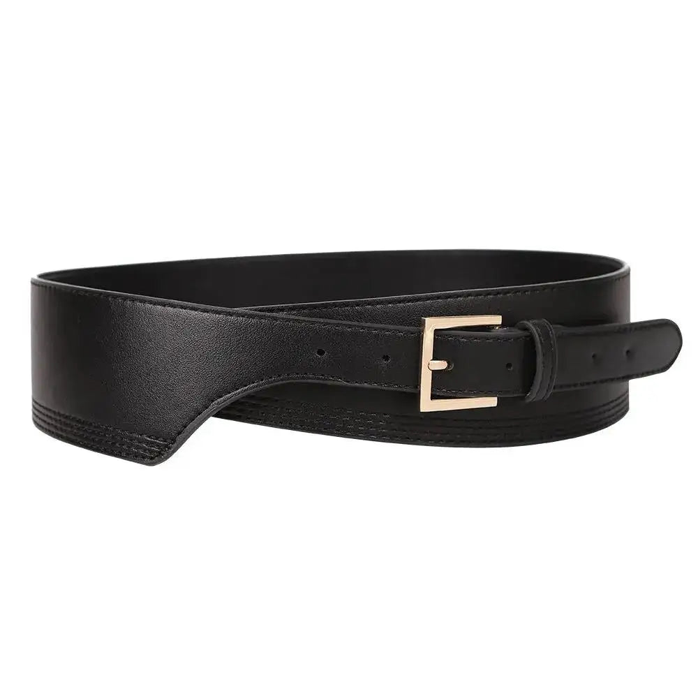 ZAYNA Wide PU Leather Belt — Gold Buckle Elegance