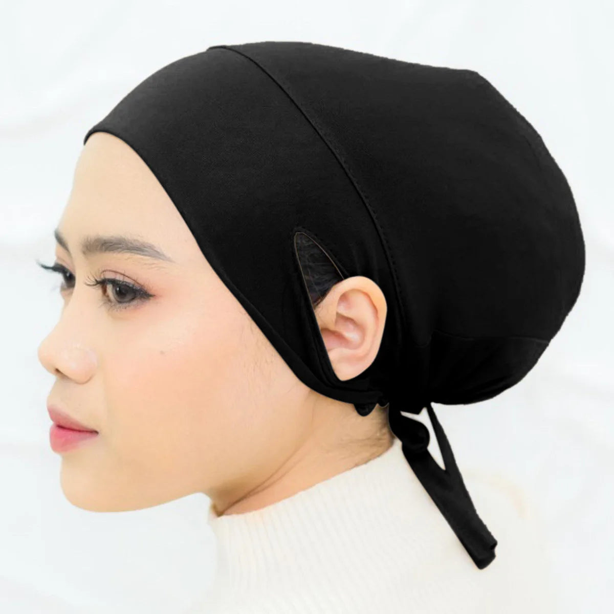ZAYNA Drawstring Ear Wrap Hijab Cap — Solid Color Turban Bonnet
