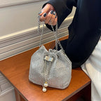 Crystal Bucket Bag — Rhinestone Bucket Bag (Cord & Shoulder Strap)