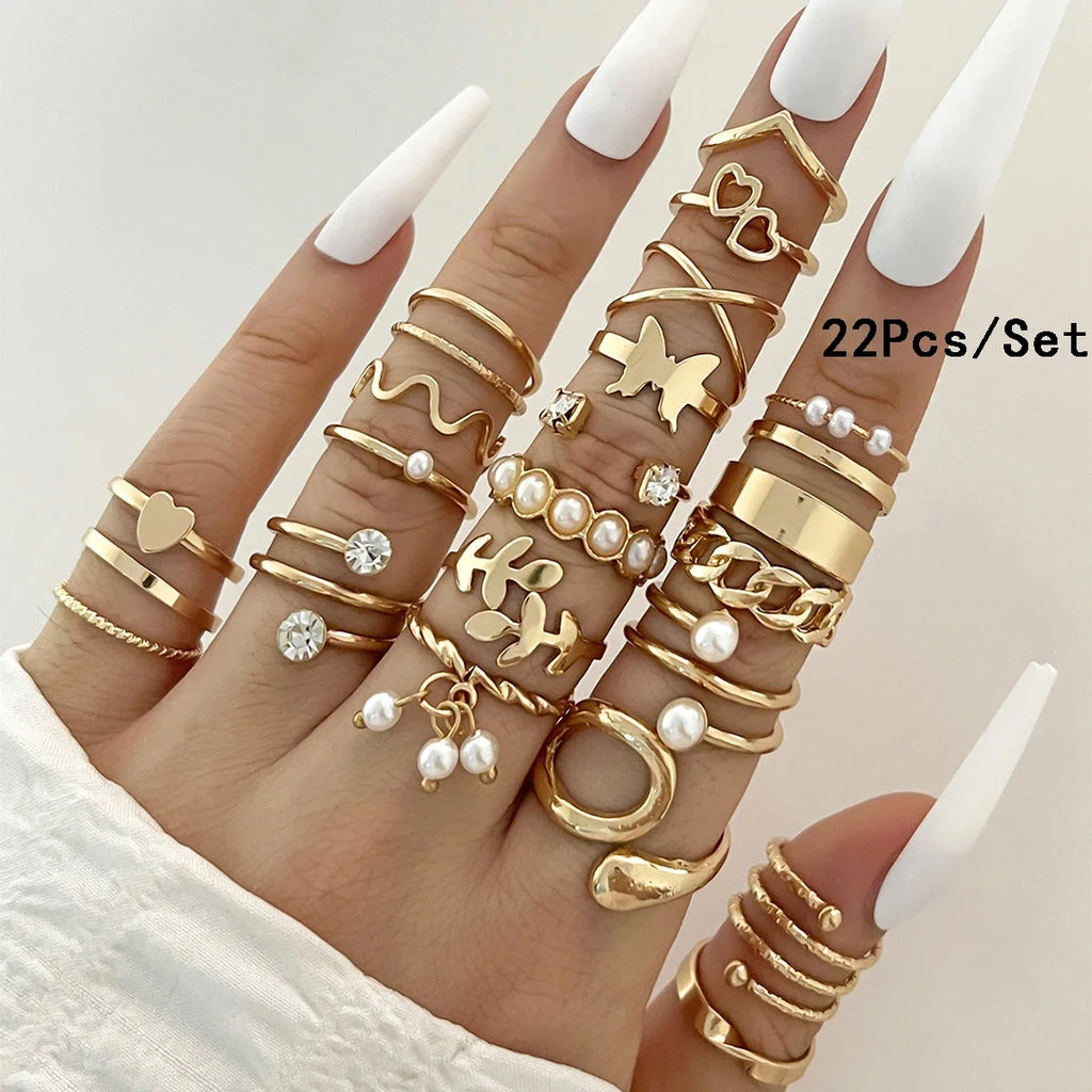 ZAYNA 28-Piece Geometric Knuckle Ring Set — Gold & Silver Crystal Party Jewelry