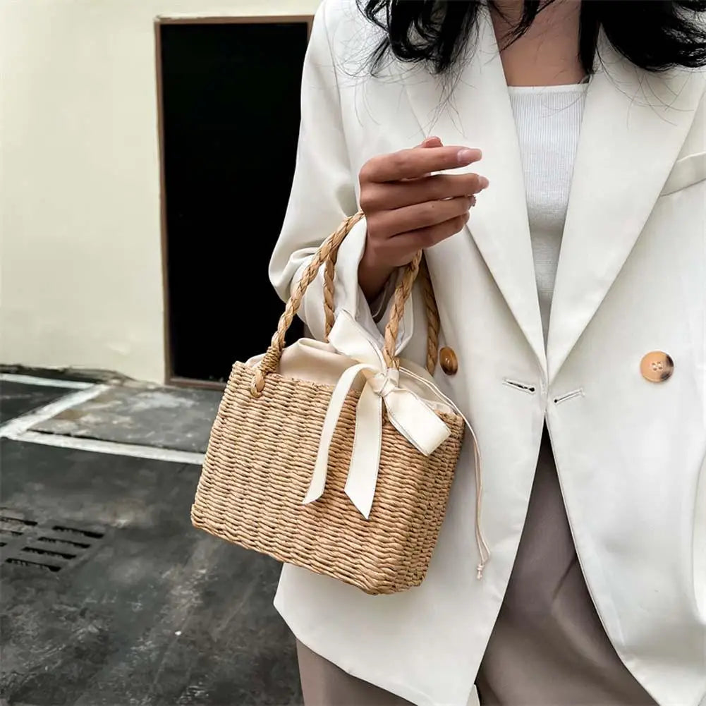 Square Silk Basket — Woven Rattan & Ribbon