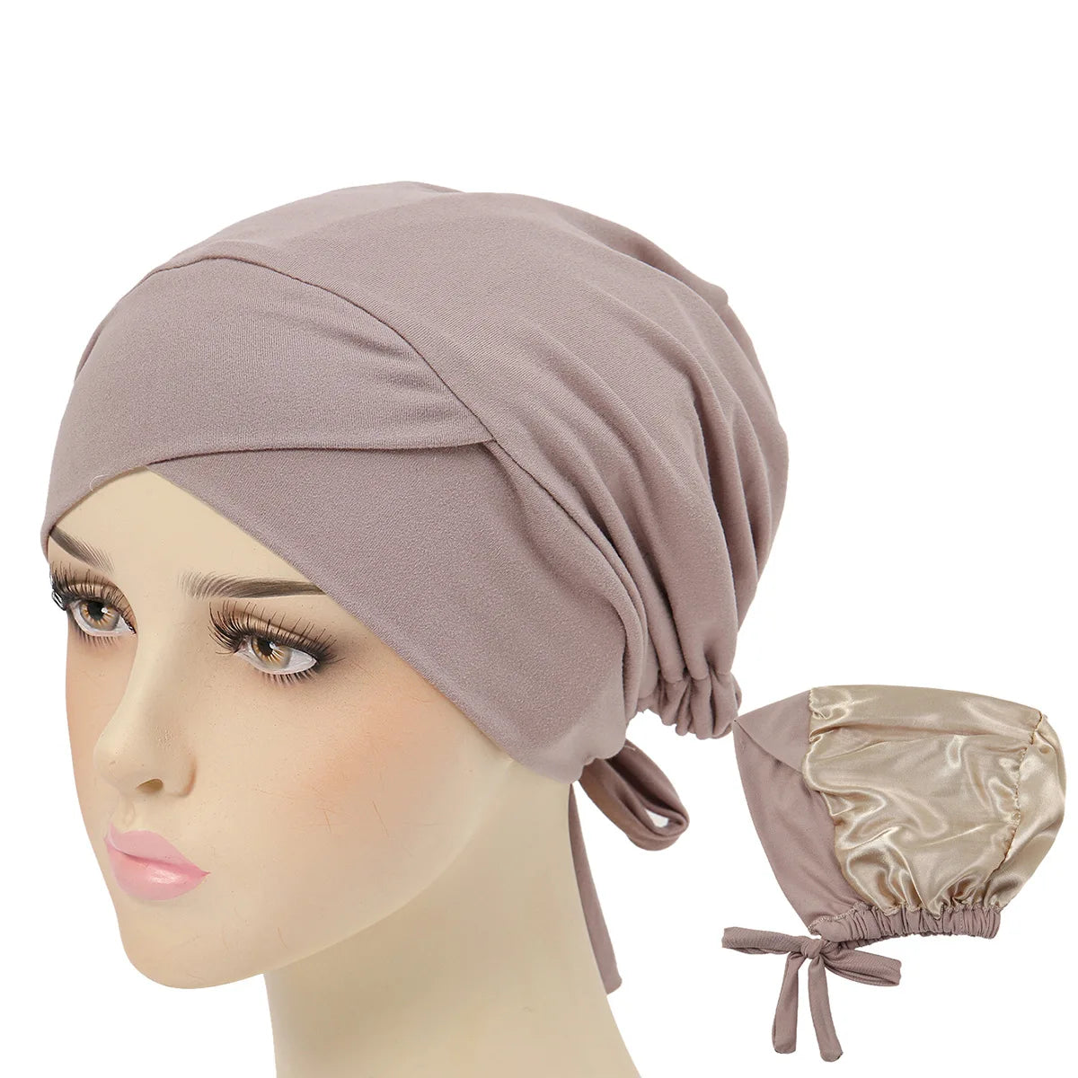 Crossed Forehead Satin Hijab Cap — Adjustable Tie Undercap Bonnet