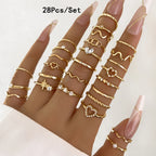 ZAYNA 28-Piece Geometric Knuckle Ring Set — Gold & Silver Crystal Party Jewelry