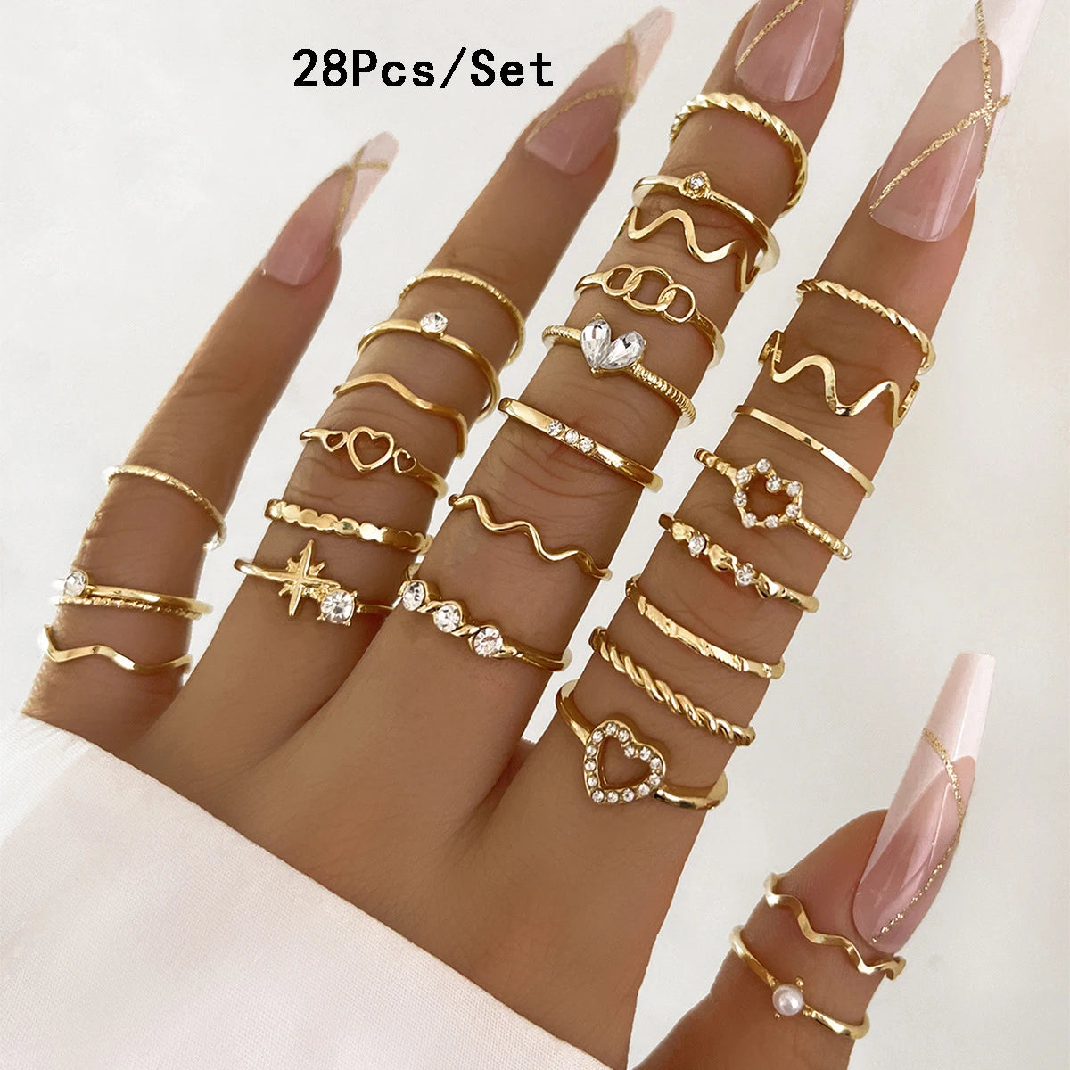 ZAYNA 28-Piece Geometric Knuckle Ring Set — Gold & Silver Crystal Party Jewelry