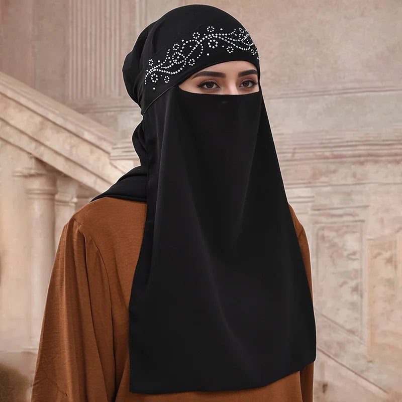 Niqab Onde Cristal — Black Tie-Up Scarf (Rhinestones)