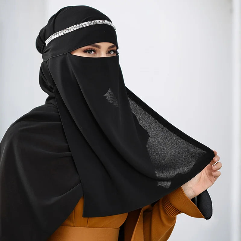 Niqab Onde Cristal — Black Tie-Up Scarf (Rhinestones)