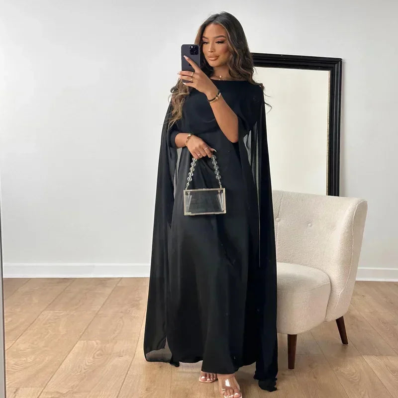 Safiya Abaya — Satin Dress & Chiffon Cape Elegance Edition
