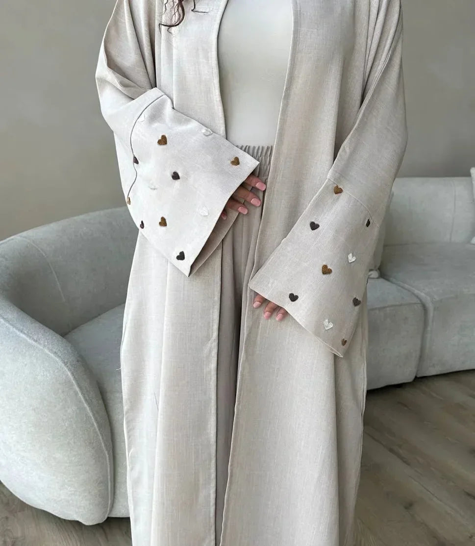 Abaya Amara — Embroidered Heart Linen Kimono