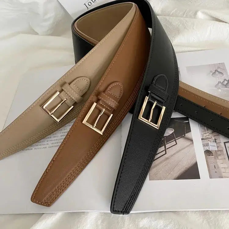 ZAYNA Wide PU Leather Belt — Gold Buckle Elegance