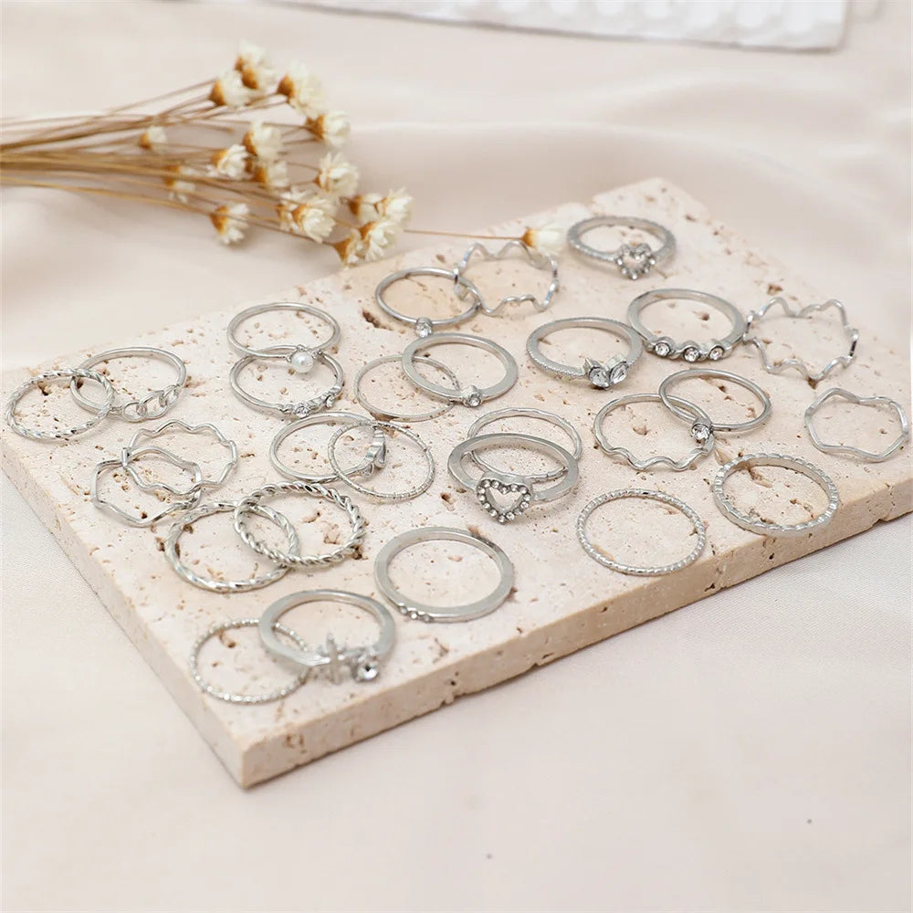 ZAYNA 28-Piece Geometric Knuckle Ring Set — Gold & Silver Crystal Party Jewelry