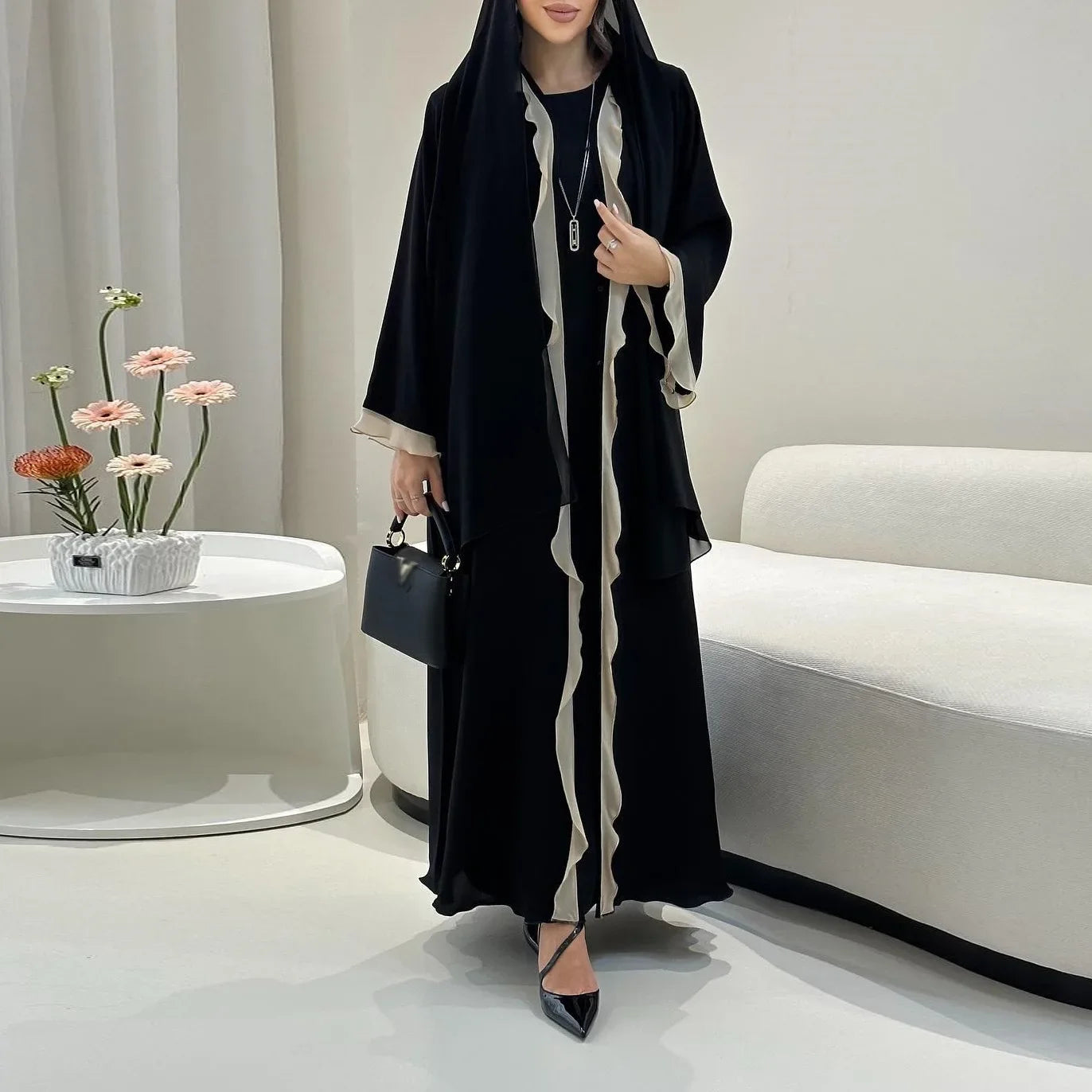 Abaya Rasha — Long Open Cardigan with Ruffles