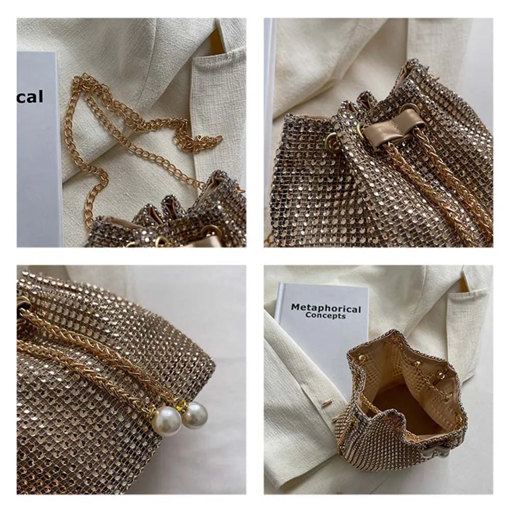 Crystal Bucket Bag — Rhinestone Bucket Bag (Cord & Shoulder Strap)