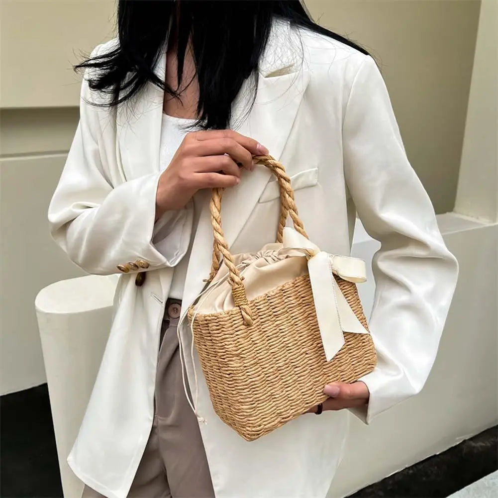 Square Silk Basket — Woven Rattan & Ribbon