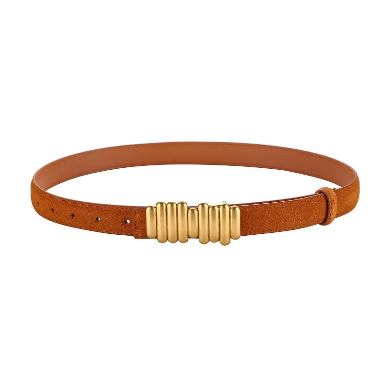 ZAYNA Suede Cowhide Belt — Gold Buckle Elegance