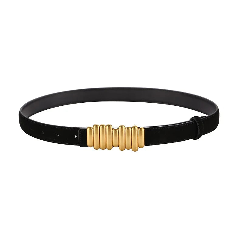 ZAYNA Suede Cowhide Belt — Gold Buckle Elegance
