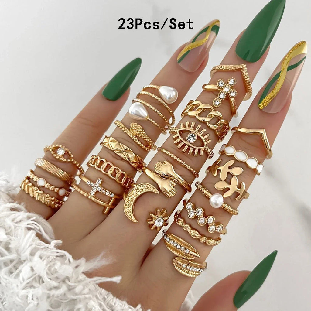 ZAYNA 28-Piece Geometric Knuckle Ring Set — Gold & Silver Crystal Party Jewelry