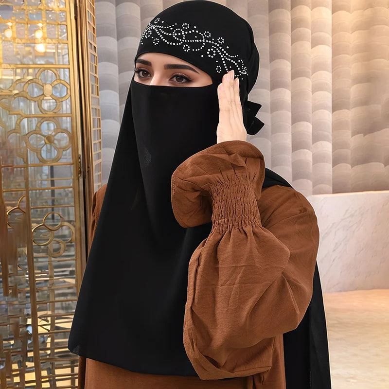 Niqab Onde Cristal — Black Tie-Up Scarf (Rhinestones)