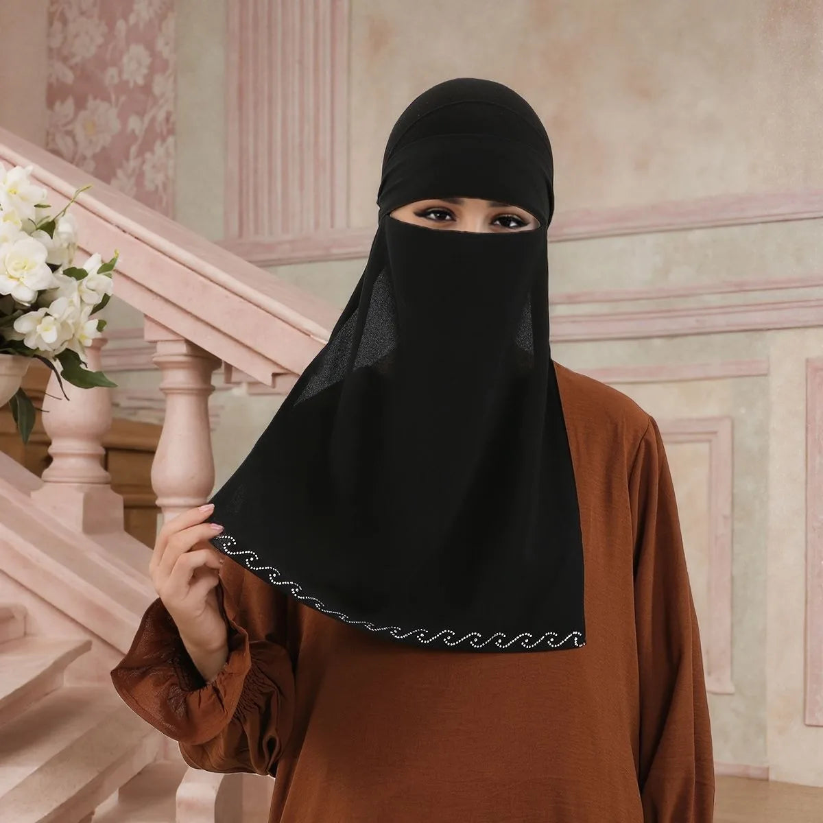 Crystal Niqab — Tie-Up Veil (Wavy Rhinestones)