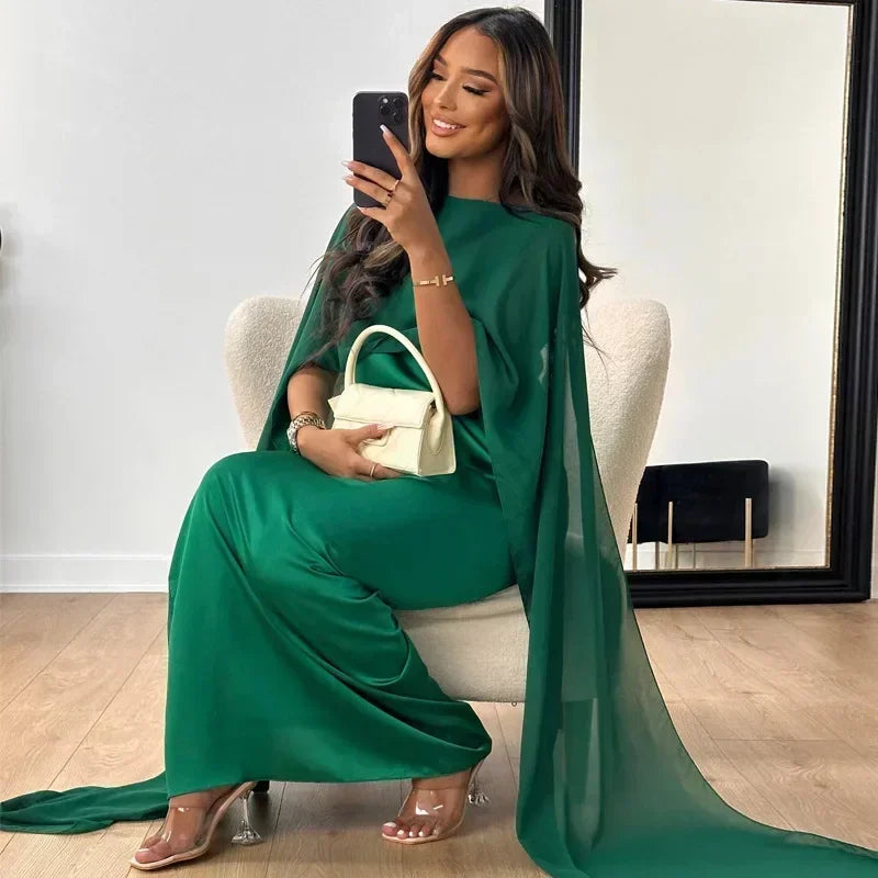 Safiya Abaya — Satin Dress & Chiffon Cape Elegance Edition
