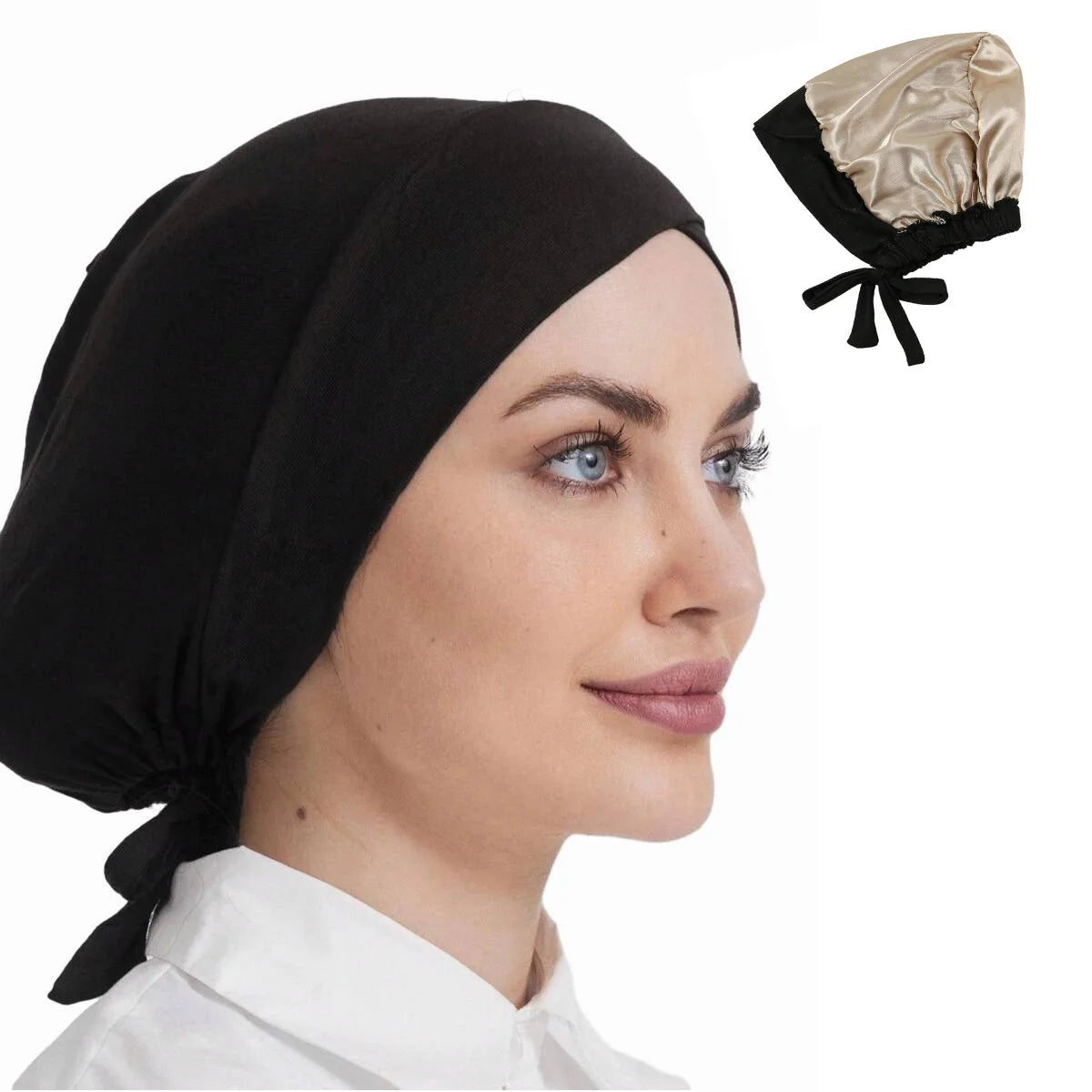 Crossed Forehead Satin Hijab Cap — Adjustable Tie Undercap Bonnet