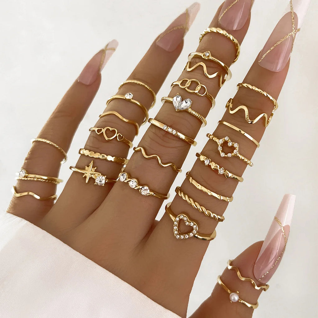 ZAYNA 28-Piece Geometric Knuckle Ring Set — Gold & Silver Crystal Party Jewelry