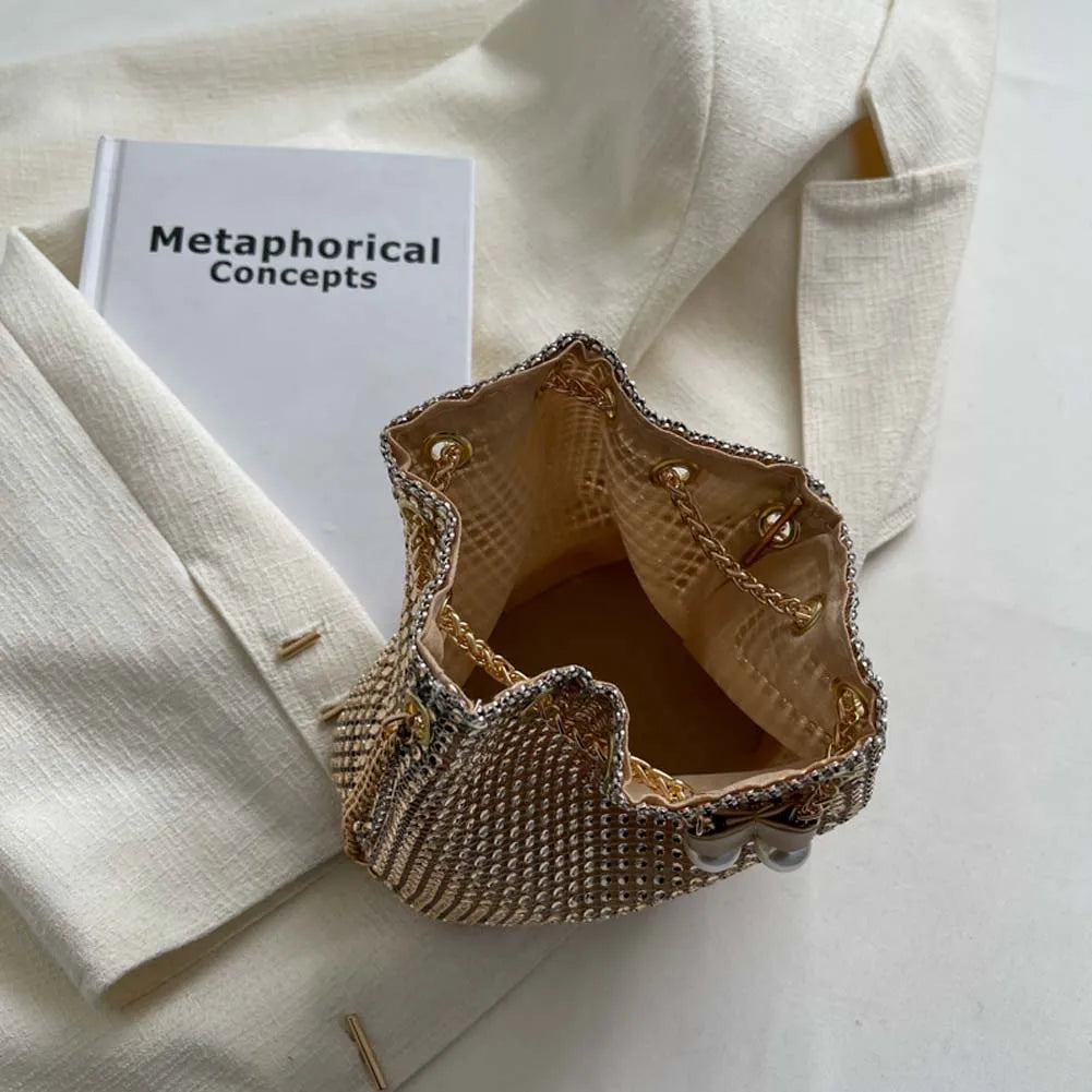 Crystal Bucket Bag — Rhinestone Bucket Bag (Cord & Shoulder Strap)