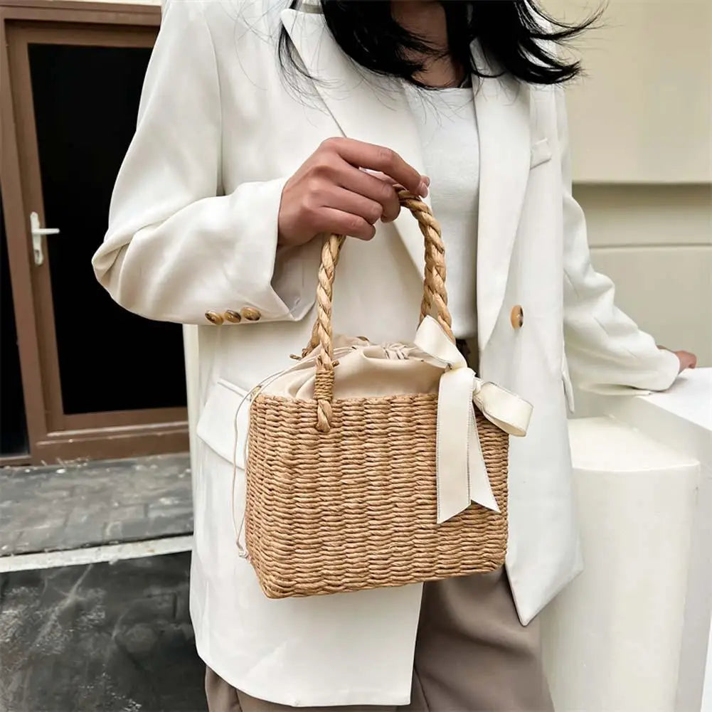 Square Silk Basket — Woven Rattan & Ribbon