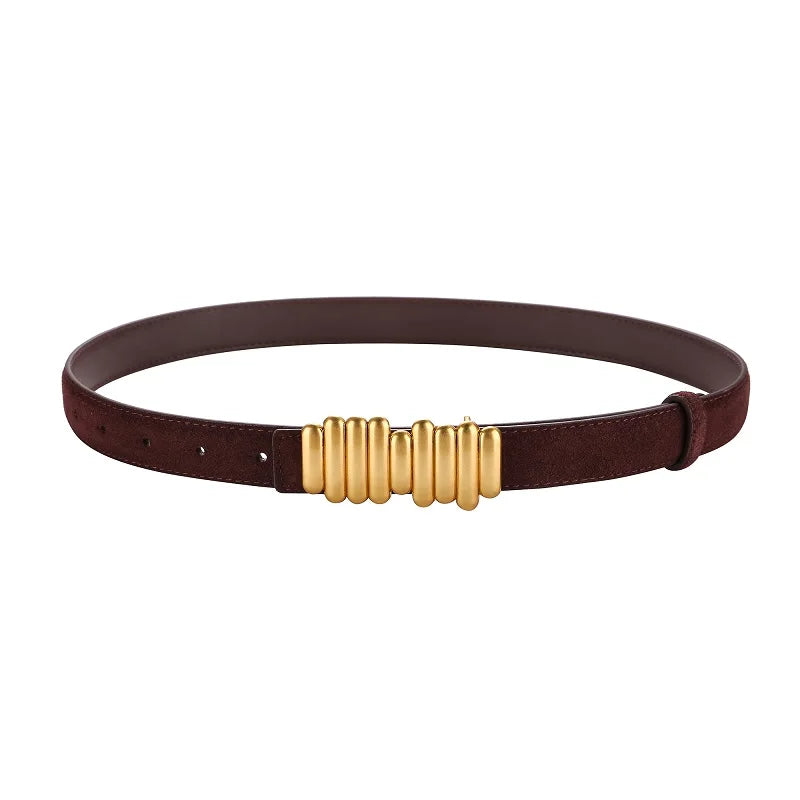 ZAYNA Suede Cowhide Belt — Gold Buckle Elegance