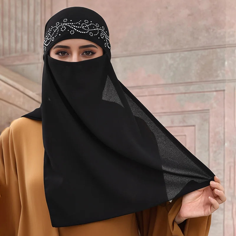Niqab Onde Cristal — Black Tie-Up Scarf (Rhinestones)