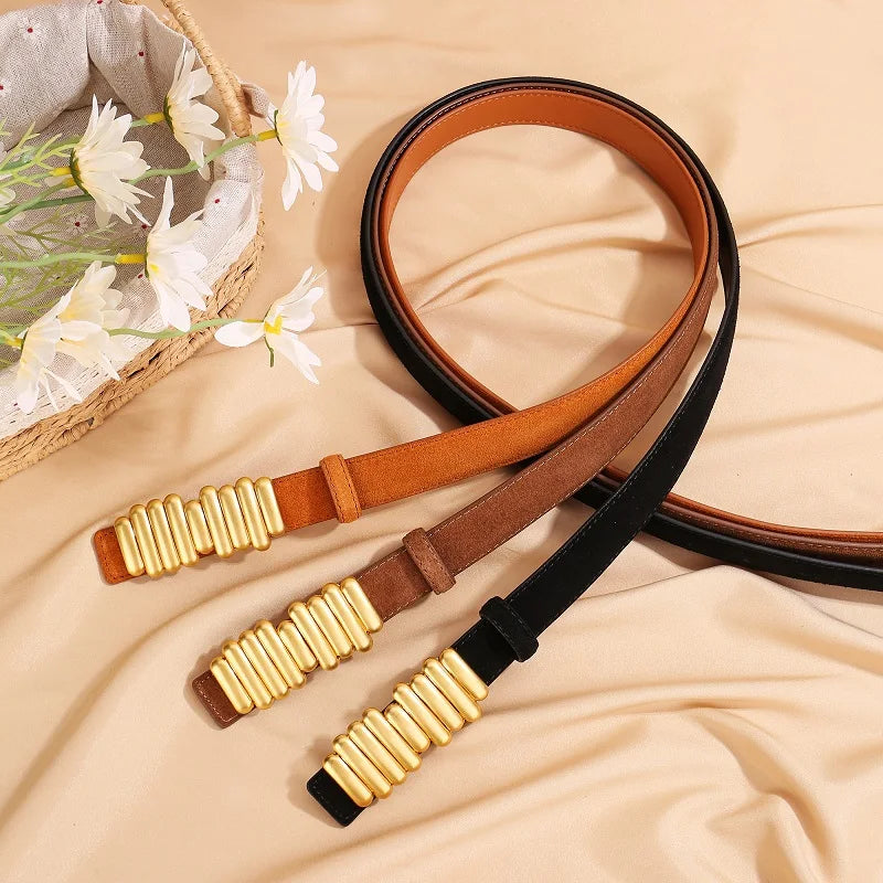 ZAYNA Suede Cowhide Belt — Gold Buckle Elegance